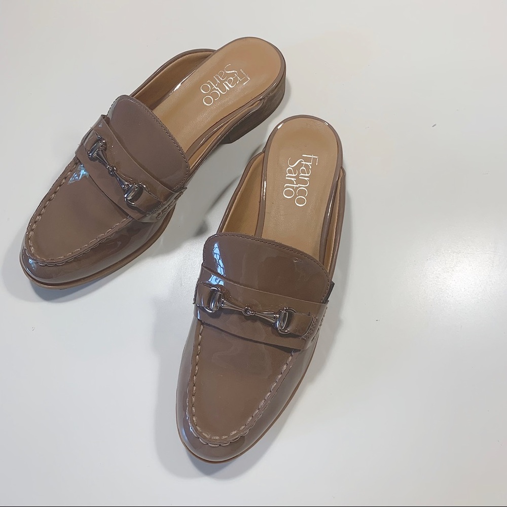 Franco Sarto Patent Leather Slip On Loafers with Silver Chain Buckle Size: 7